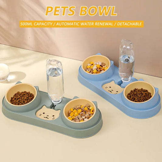 Pet Bowl Automatic Feeder Dog Food Bowl with Water Fountain Double Bowl Drinking Raised Stand Dish