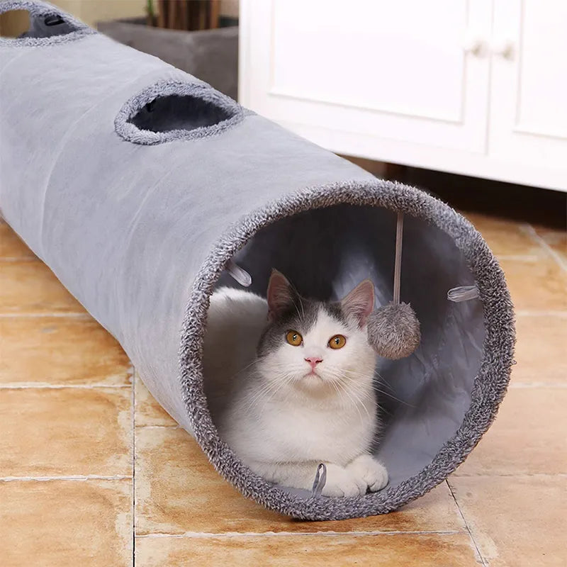 Collapsible Cat Tunnel Kitten Play Tube for Large Cats Dogs Bunnies Toys 2 Suede Peep Hole Pet Toys with Ball