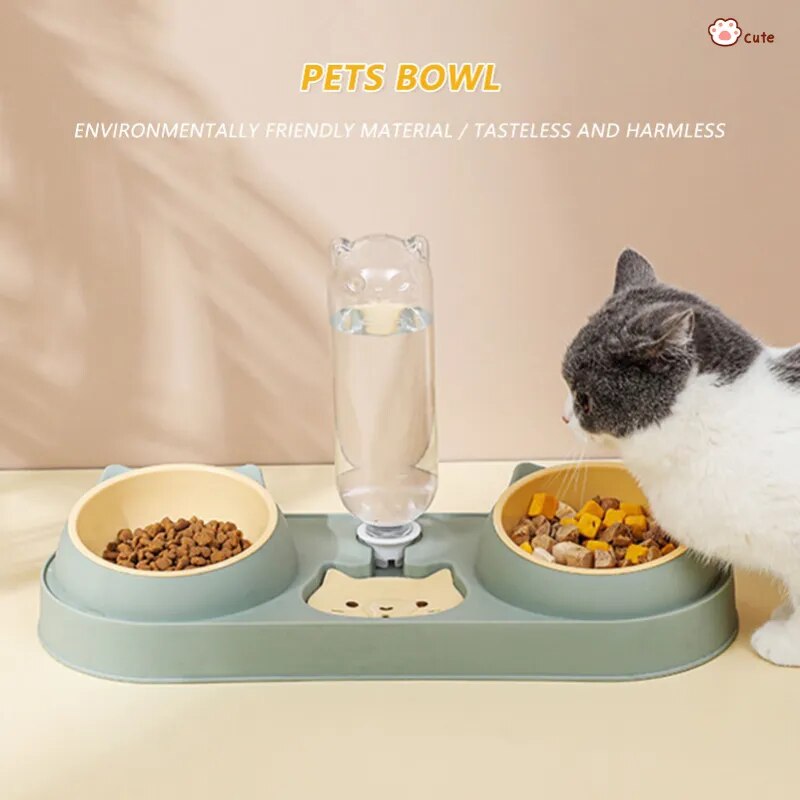 Pet Bowl Automatic Feeder Dog Food Bowl with Water Fountain Double Bowl Drinking Raised Stand Dish