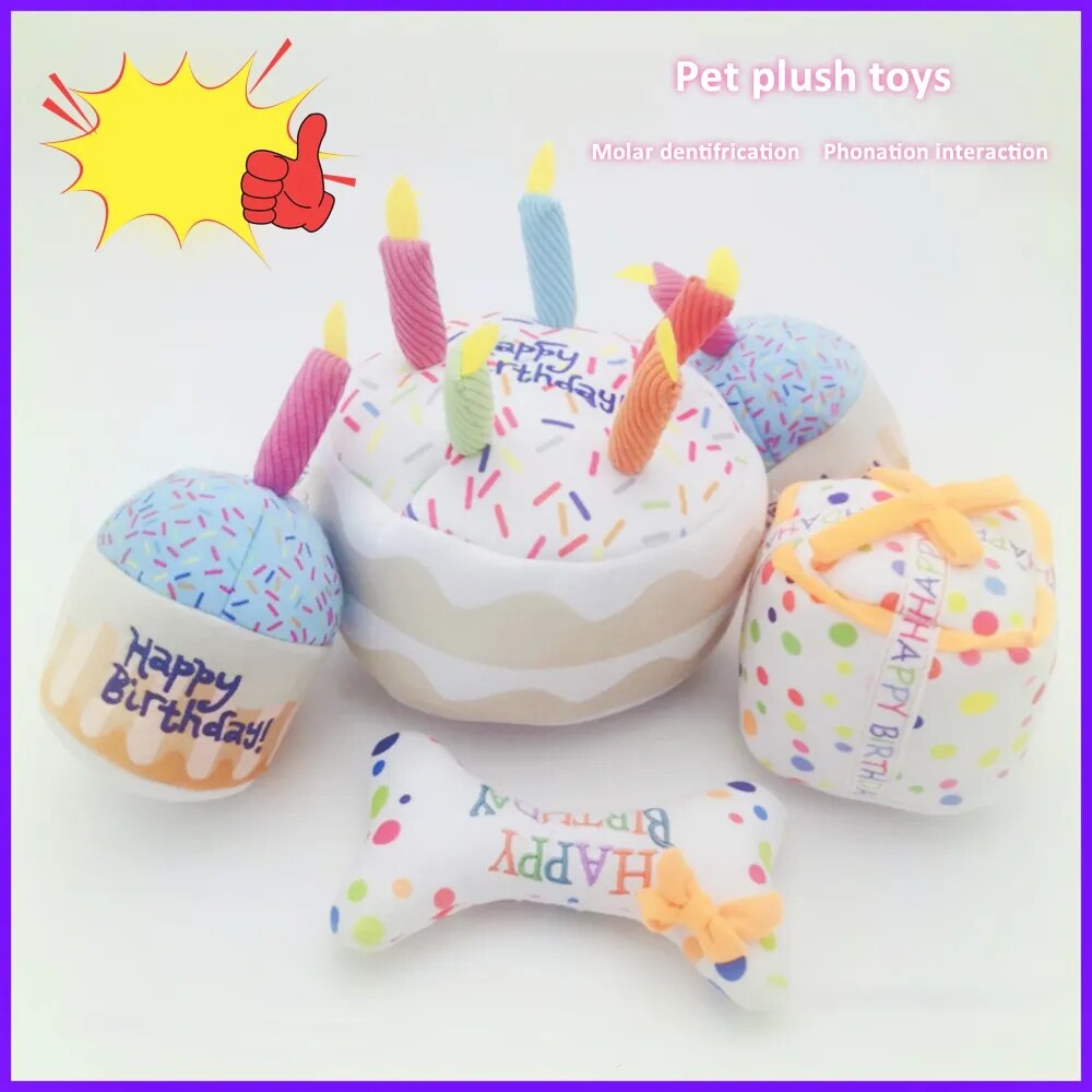 New Pet Toy Plush Birthday Cake Chew Toy Funny Interactive and Sounding