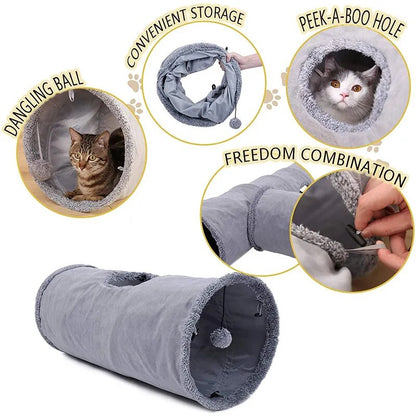 Collapsible Cat Tunnel Kitten Play Tube for Large Cats Dogs Bunnies Toys 2 Suede Peep Hole Pet Toys with Ball